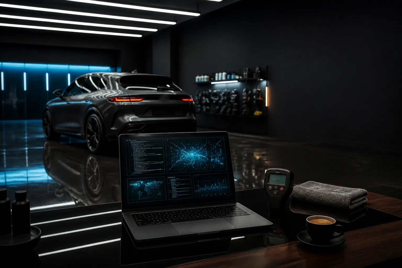 A modern detailing studio with a laptop on the desk